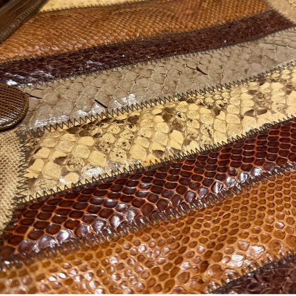 Supreme Vintage Patchwork Snakeskin Leather Handbag Brown Tan Top Handle Purse - Picture 3 of 12